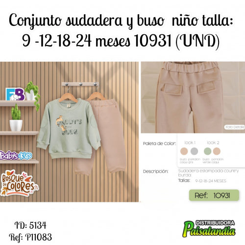 conjunto sudadera y buso unicolor estampado burda niño talla: 9 -12-18-24 meses 10931 (UND)
