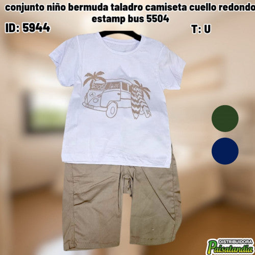 conjunto niño bermuda taladro camiseta cuello redondo estamp bus 5504 (UND)