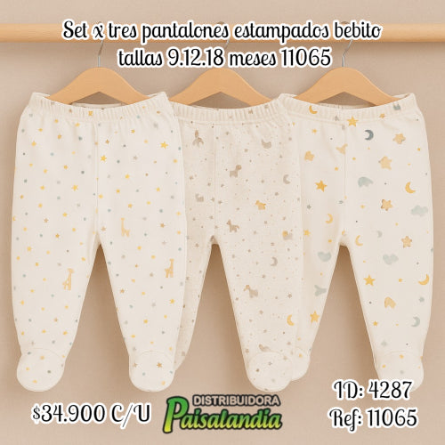 set x tres pantalones estampados bebito tallas 9.12.18 meses 11065