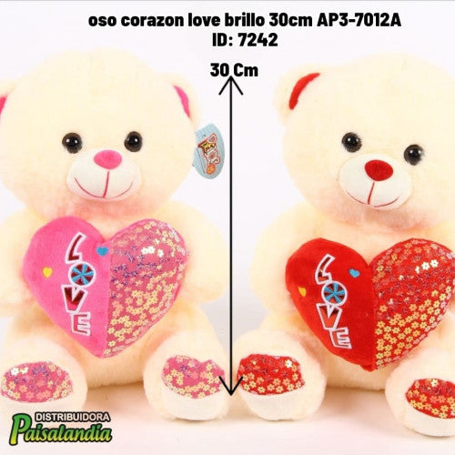 Peluche oso corazón love brillo 30cm AP3-7012A