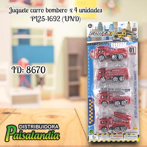 Juguete carro bombero x 4 unidades PL25-1692 (UND)