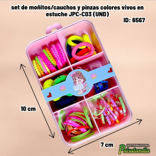 set de moñitos/cauchos y pinzas colores vivos en estuche JPC-C03 (UND)