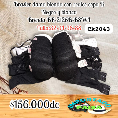 Brasier dama con realce Brenda copa B blanco y negro BR-2125B-B8W4