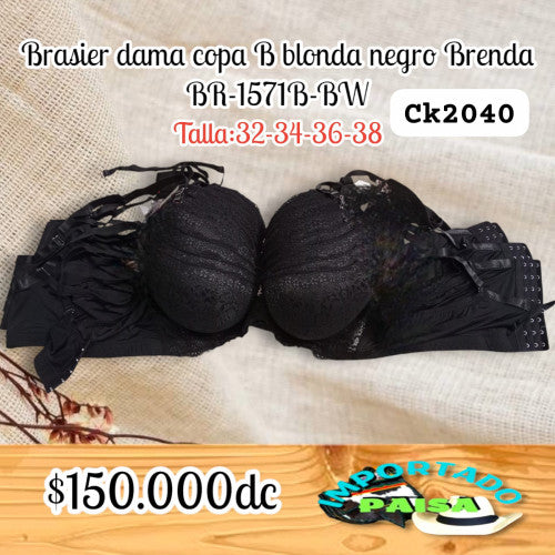 Brasier dama negro blonda copa B Brenda BR-1571B-BW