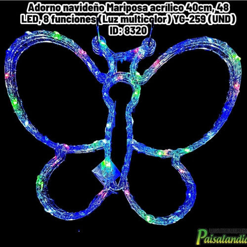 Adorno navideño Mariposa acrílico 40cm, 48 LED, 8 funciones (Luz multicolor) YG-259 (UND)