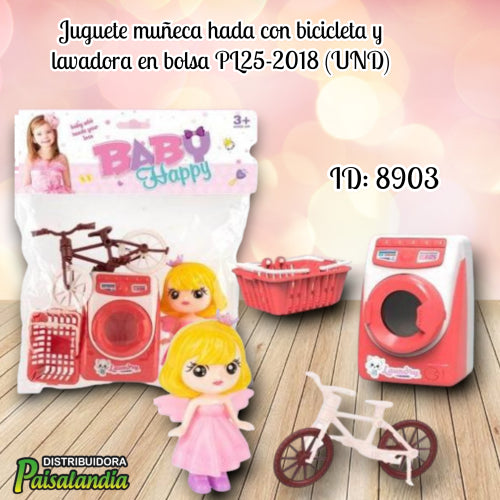 Juguete muñeca hada con bicicleta y lavadora en bolsa PL25-2018 (UND)