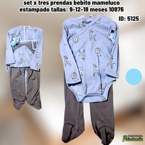 set x tres prendas bebito mameluco estampado tallas: 9-12-18 meses 10976 (UND)