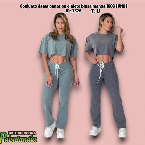 Conjunto dama pantalon ojalete blusa manga 1686 (UND)