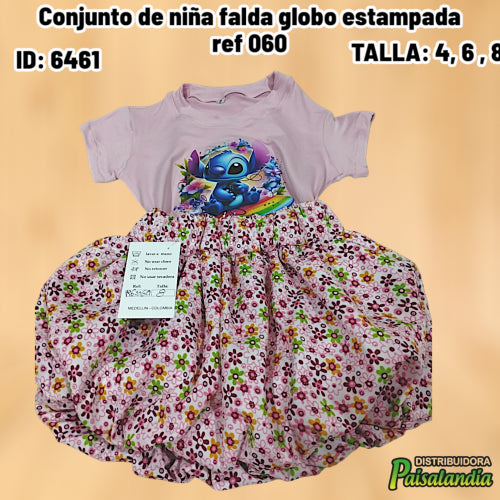 Conjunto de niña falda globo estampada ref 060 (UND)