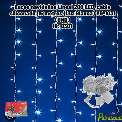 Luces navideñas Lineal 200 LED, cable siliconado, 15 metros (Luz Blanca) YG-1031 (UND)