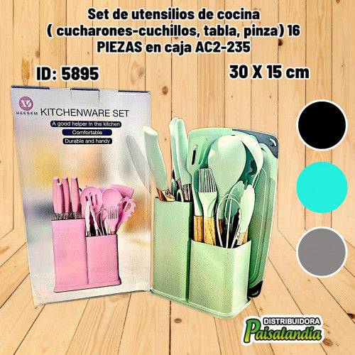 Set de utensilios de cocina ( cucharones-cuchillos, tabla, pinza) 16 PIEZAS en caja AC2-235 (UND)