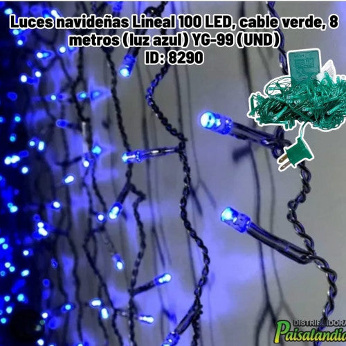 Luces navideñas Lineal 100 LED, cable verde, 8 metros (luz azul) YG-99 (UND)