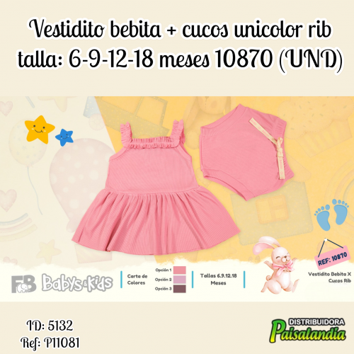 Vestidito bebita + cucos unicolor rib talla: 6-9-12-18 meses 10870 (UND)