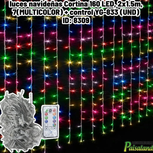 luces navideñas Cortina 160 LED, 2x1.5m, 7(MULTICOLOR) + control YG-833 (UND)