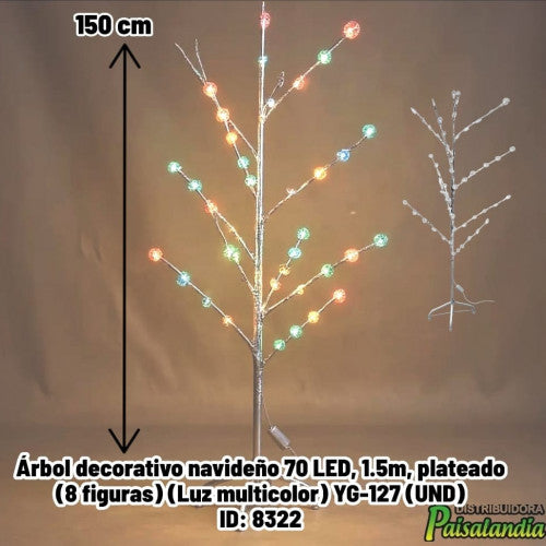 Árbol decorativo navideño 70 LED, 1.5m, plateado (8 figuras) (Luz multicolor) YG-127 (UND)