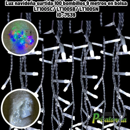 Luz navideña surtida 100 bombillos 9 metros en bolsa LT100SC/ LT100SB/ LT100SN
