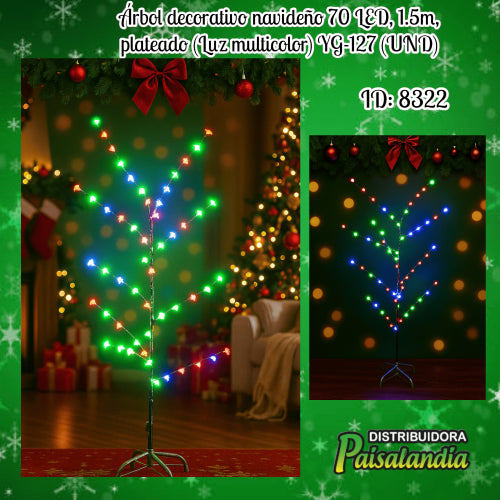 Árbol decorativo navideño 70 LED, 1.5m, plateado (Luz multicolor) YG-127 (UND)