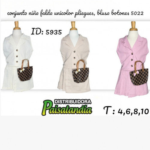 Conjunto niña falda unicolor pliegues, blusa botones 5022 (UND)