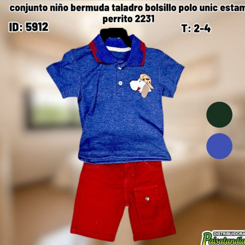 conjunto niño bermuda taladro bolsillo polo unic estam perrito 2231 (UND)