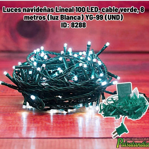 Luces navideñas Lineal 100 LED, cable verde, 8 metros (luz Blanca) YG-99 (UND)