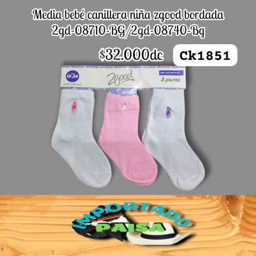 Media Bebe canillera niña Zgood bordada unicolor 2GD-08710-BG/08740-BG