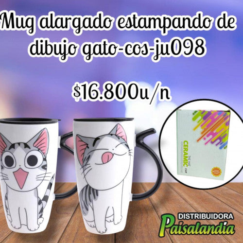 Pocillo mug alargado estampado dibujo gato COS-JU098 (UND)