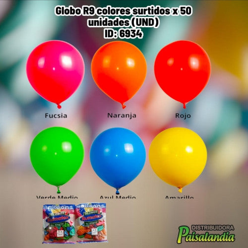 Globo R9 colores surtidos x 50 unidades (UND)