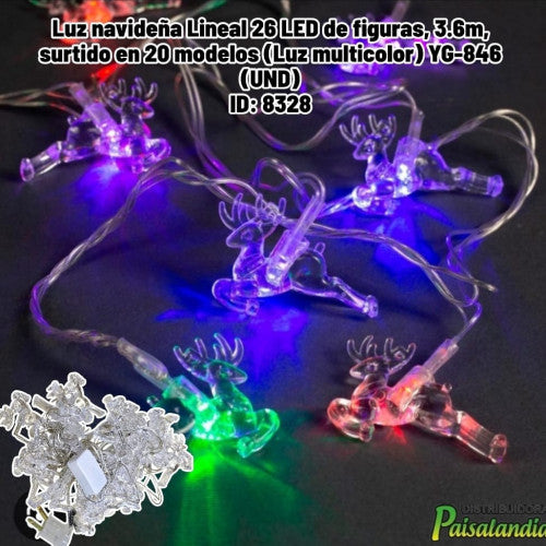 Luz navideña Lineal 26 LED de figuras, 3.6m, surtido en 20 modelos (Luz multicolor) YG-846 (UND)