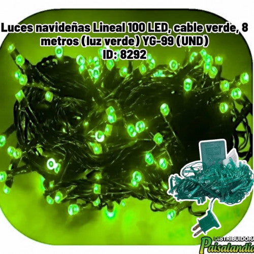 Luces navideñas Lineal 100 LED, cable verde, 8 metros (luz verde) YG-99 (UND)