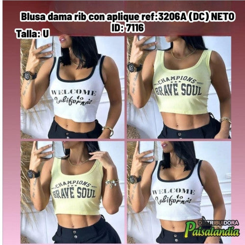 Blusa dama rib con aplique ref:3206A (DC) NETO