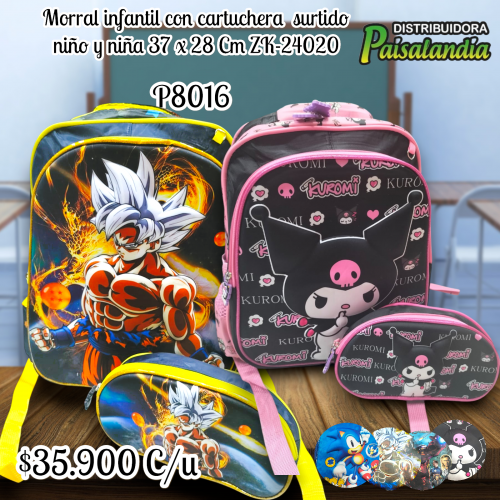 Morral infantil con cartuchera surtido niño y niña 37x28cm ZK-24020 (UND)