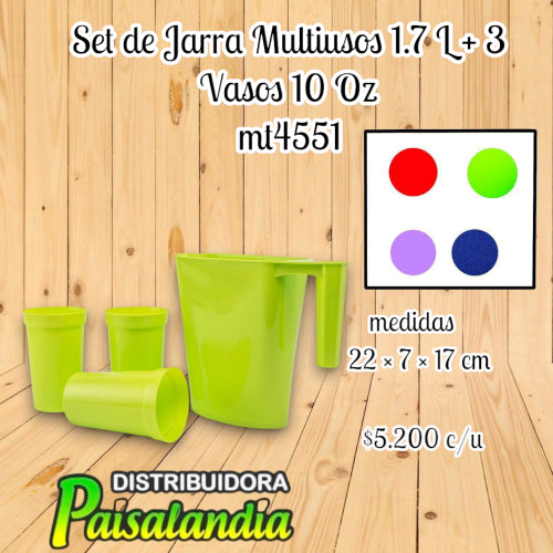 Set de jarra multiusos 1.7 L + 3 vasos 10 oz (UND)