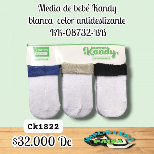 Media Bebe Kandy blanca ribete color antideslizante KK-08732-BB