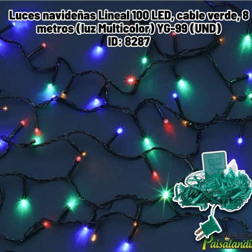 Luces navideñas Lineal 100 LED, cable verde, 8 metros (luz Multicolor) YG-99 (UND)
