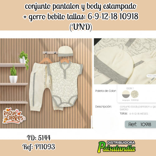 conjunto pantalon y body estampado + gorro bebito tallas: 6-9-12-18 10918 (UND)