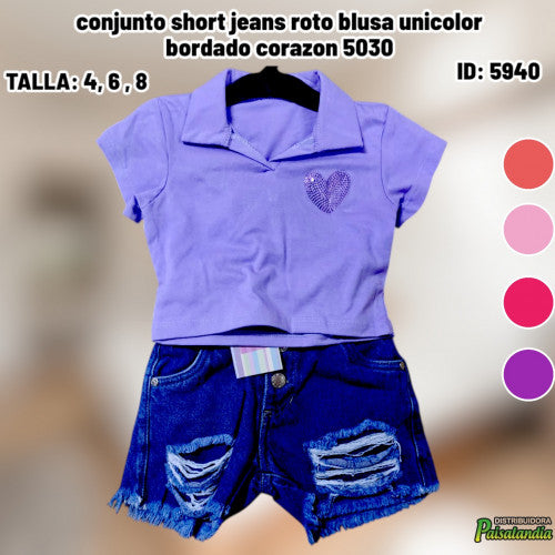 Conjunto short jeans roto blusa unicolor bordado corazon 5030 (UND)