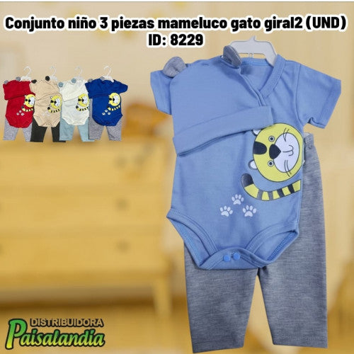 Conjunto niño 3 piezas mameluco gato giral2 (UND)