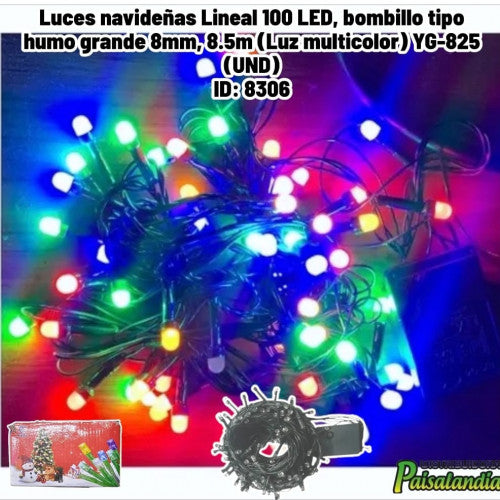 Luces navideñas Lineal 100 LED, bombillo tipo humo grande 8mm, 8.5m (Luz multicolor) YG-825 (UND)