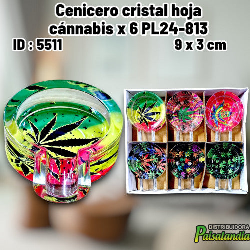 Cenicero cristal hoja cánnabis x 6 PL24-813 (X6 UND)