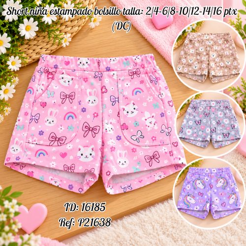 Short niña estampado bolsillo talla: 2/4-6/8-10/12-14/16 ptx al por mayor