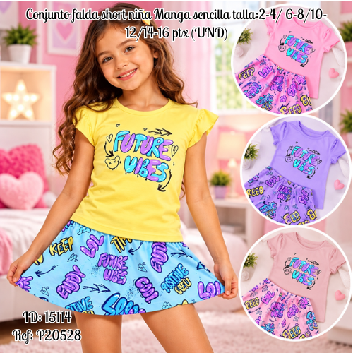 Conjunto falda short niña Manga sencilla talla:2-4/ 6-8/10-12/14-16 ptx al por mayor