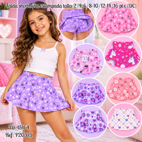 Falda short niña estampada talla:2/4-6/8-10/12-14/16 ptx al por mayor