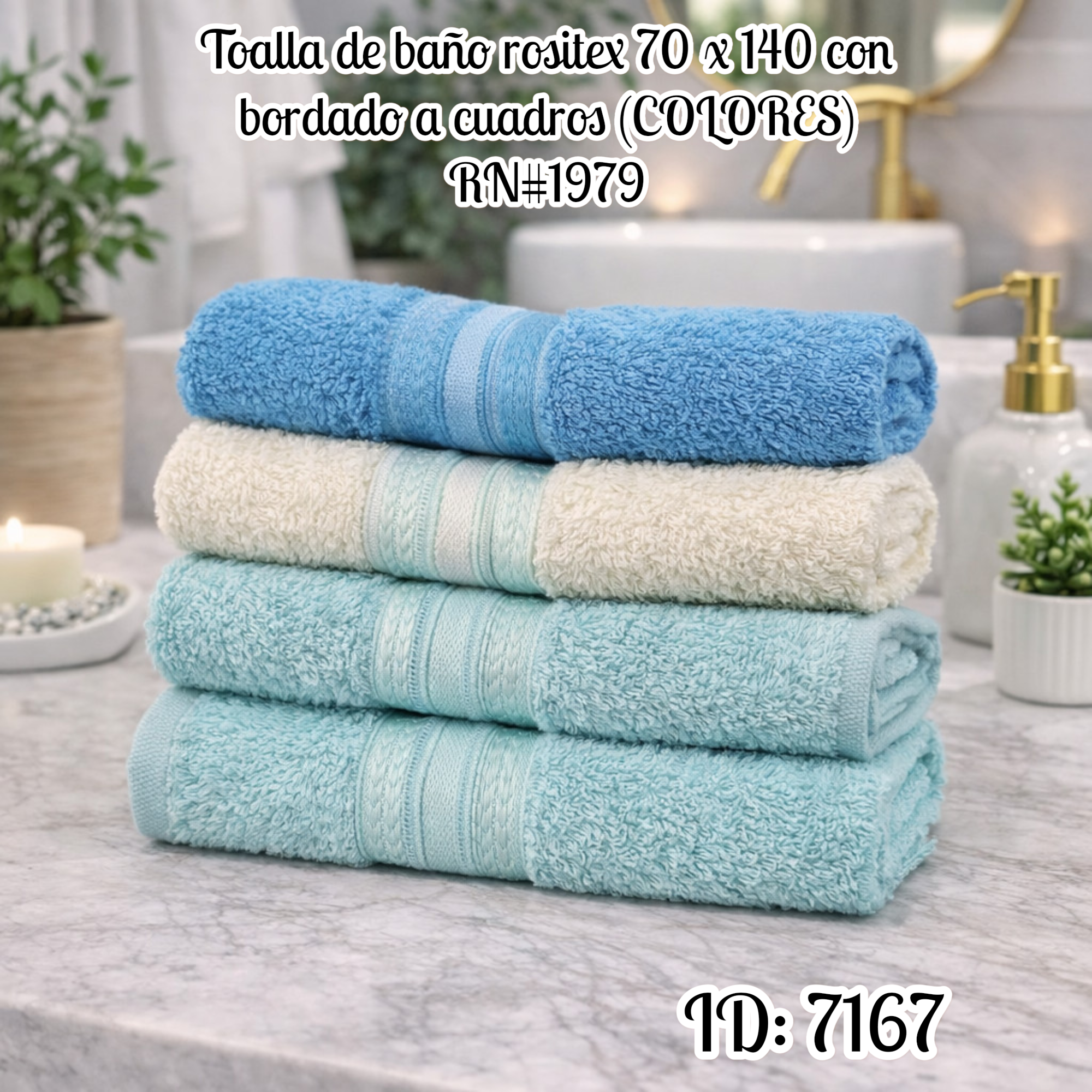 Toalla de baño rositex 70 x 140 con bordado a cuadros (COLORES) RN#1979
